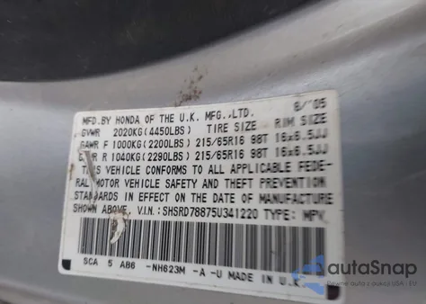 2005 Honda Cr-V Ex z USA, uszkodzony, nr VIN SHSRD78875U341220